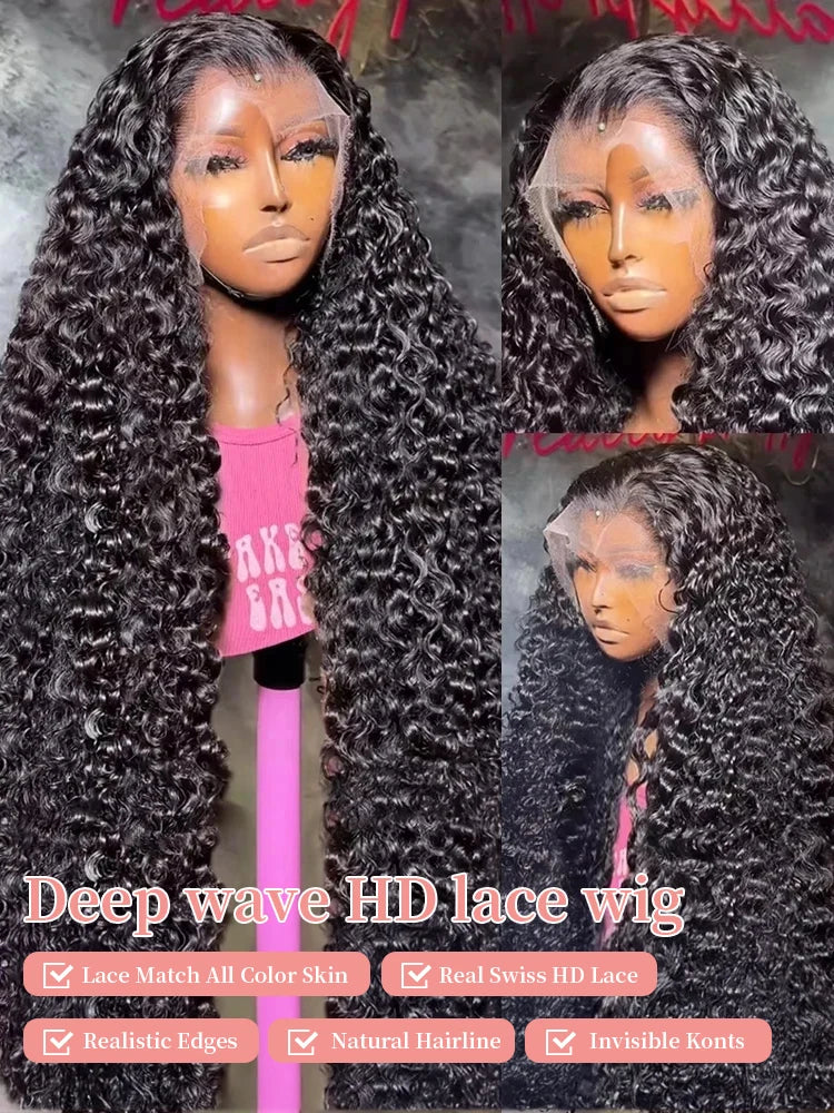 300% High Density Burmese Curly Lace Front Human Hair Wigs HD Transparent 13x6 13x4 Deep Wave Lace Frontal Wig Real Virgin Hair 40 46 Inch Water Wave Human Hair Wigs For Women Preplucked Hairline