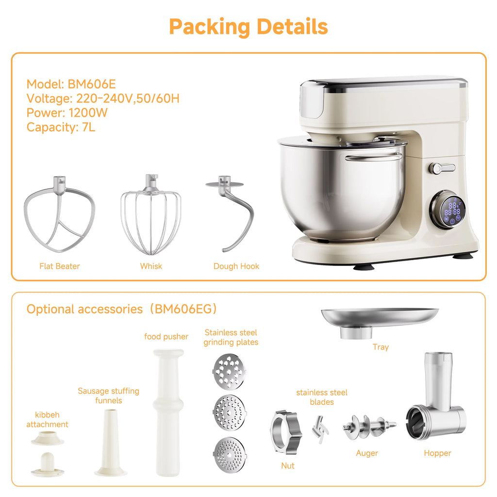 BioloMix 7L Food Mixers for Baking, 1200W DC Motor Stand Mixer, with Dough Hook, Whisk & Beater, Meat Grinder Attachment