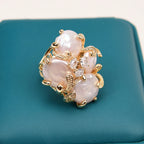 GG Big Natural White Keshi Coin Pearl Paved Clear Crystal Gold Plated Rings Adjustable Ring Gifts For Lady