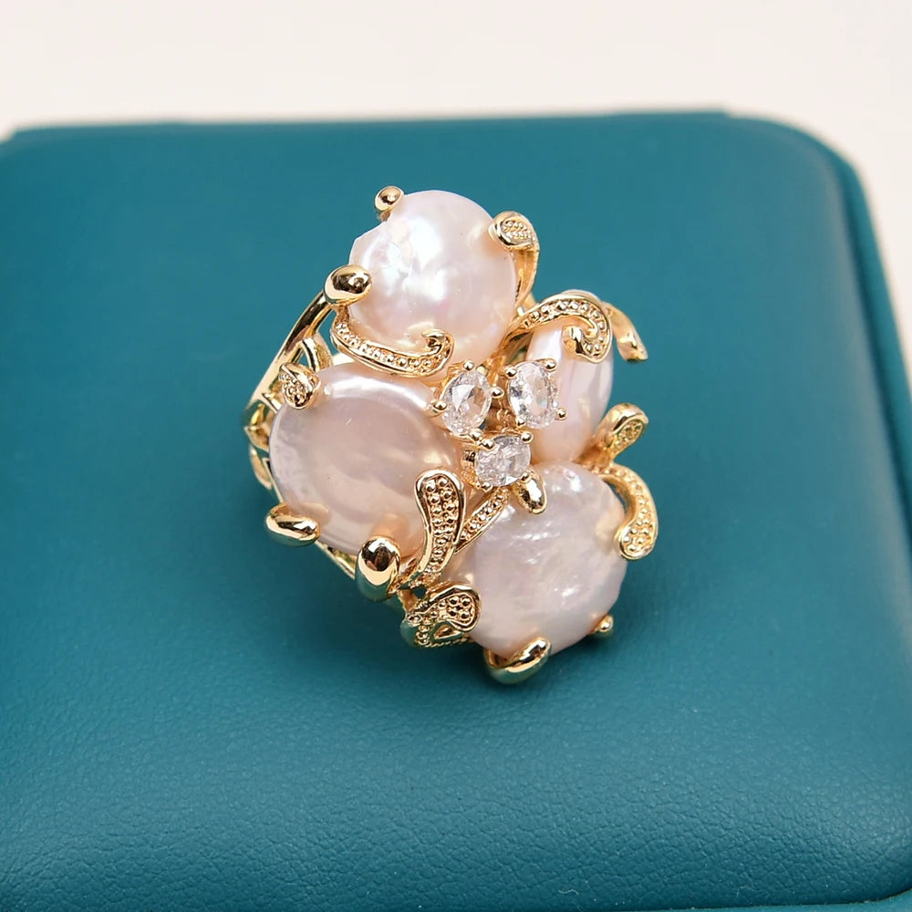 GG Big Natural White Keshi Coin Pearl Paved Clear Crystal Gold Plated Rings Adjustable Ring Gifts For Lady
