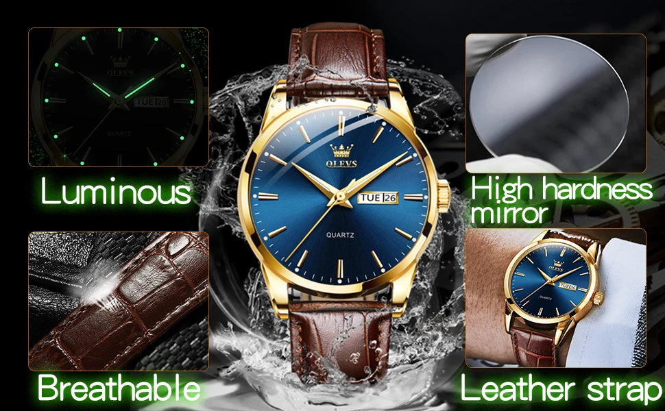 OLVES 6898 Top Brand Men's Watches Original Simple Quartz Wristwatch for Man Waterproof Leather Strap Business Watch Casual