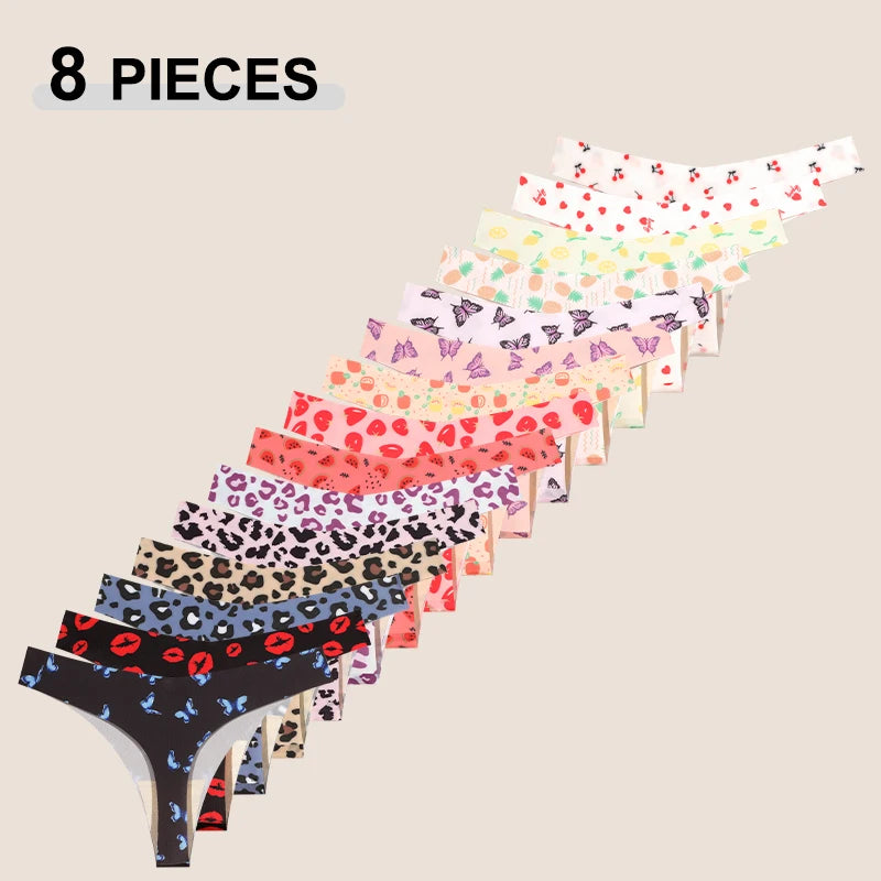 8Pcs/Set Traceless Ice Silk Low Waist Panties For Women Sexy Butterfly Leopard Print Thongs Underwear Ladies Breathable Lingerie