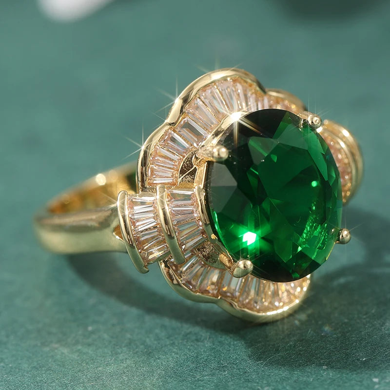 Vintage Temperament Inlaid Oval Synthetic Emerald Golden Rings for Women's Fashion Classic Banquet Festival Jewelry Accessories