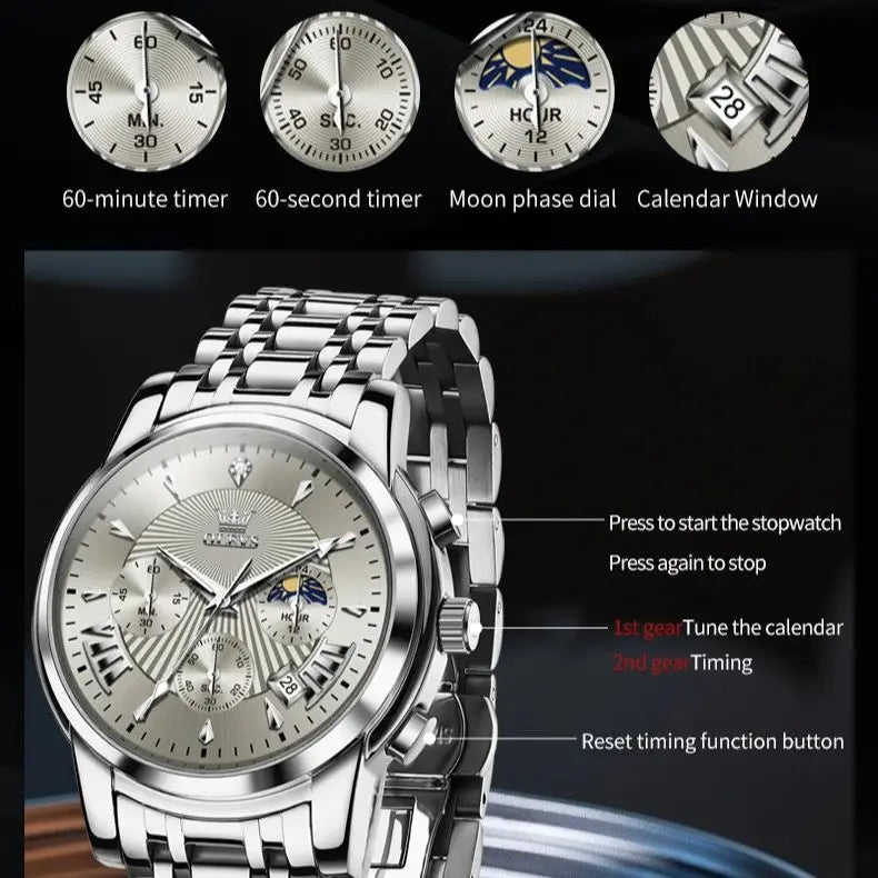 OLEVS 2892 Men Watch Original Quartz Watch Luxury Waterproof Luminous Calendar Moon Phase Chronograph Business Sports Men Watch
