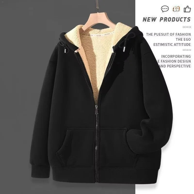 Thickened Lamb Velvet Hooded Cardigan Pure Color Oversize Sweatshirt Men Women Korean Style Winter Warm Casual Outerwear