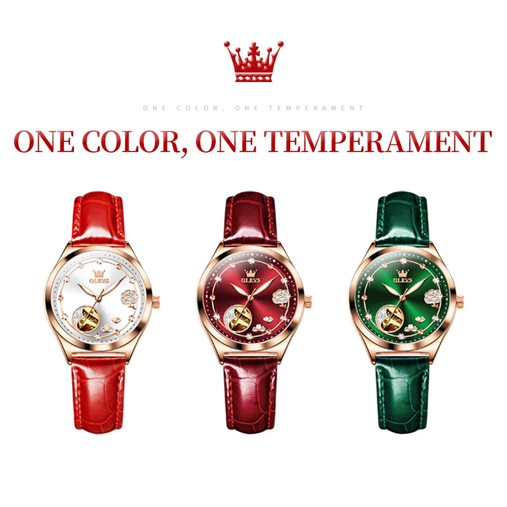 OLEVS 6601 Green Leather Strap Women Watch Automatic Mechanical Movement Waterproof Diamond Fashion Watch