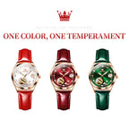 OLEVS 6601 Green Leather Strap Women Watch Automatic Mechanical Movement Waterproof Diamond Fashion Watch