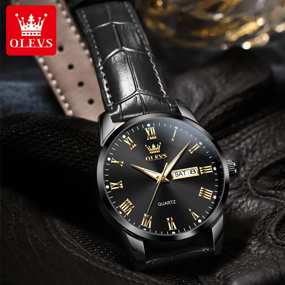 OLEVS 5892 Watches for Men Leather Strap Dual Calendar Roman Scale Simple Elegant Luxury Original Quartz Men's Watches