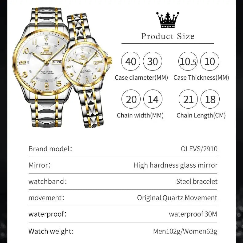 OLEVS 2910 Luxury Men Women Couple Watch Dual Calendar Display Waterproof Stainless Steel Clock Gold Diamond Couple Quartz Watch