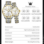 OLEVS 2910 Luxury Men Women Couple Watch Dual Calendar Display Waterproof Stainless Steel Clock Gold Diamond Couple Quartz Watch