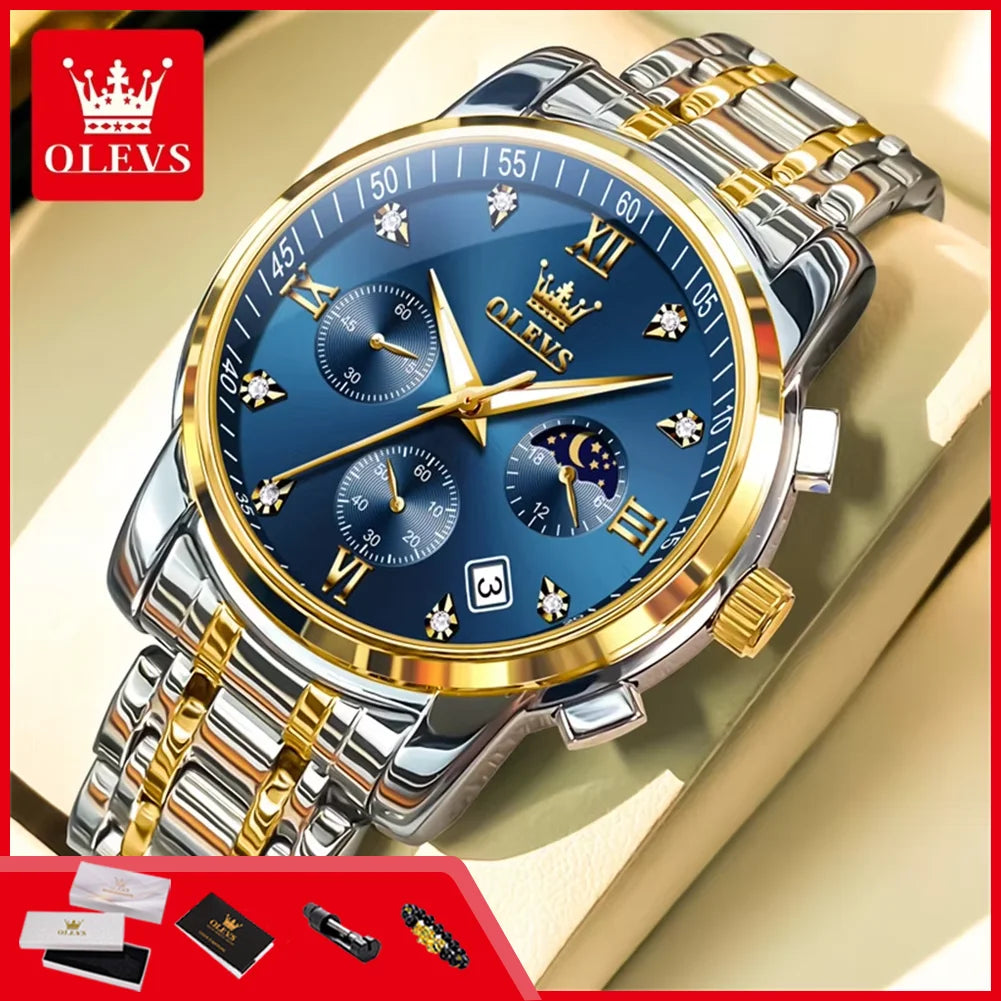 OLEVS 2858 Men's Watches Stainless Steel Waterproof Anti-Scratch Moon Phase Luminous Chronograph Luxury Quartz Men's Wristwatch