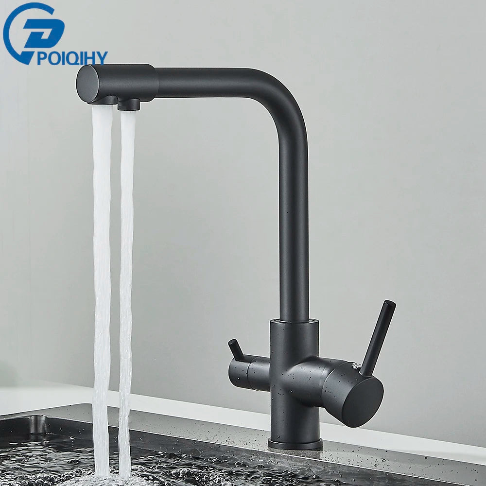 Chrome Purified Water Kitchen Faucet Pure Water Filter Deck Mounted Faucet Crane Dual Handles Hot Cold Water Mixer Taps