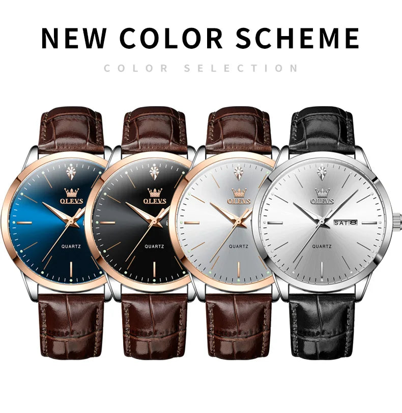 OLEVS 2935 Men Watch Luxury Brand Quartz Watch Business Leather Strap Double Calendar Waterproof Men's Watch Relogios Masculino