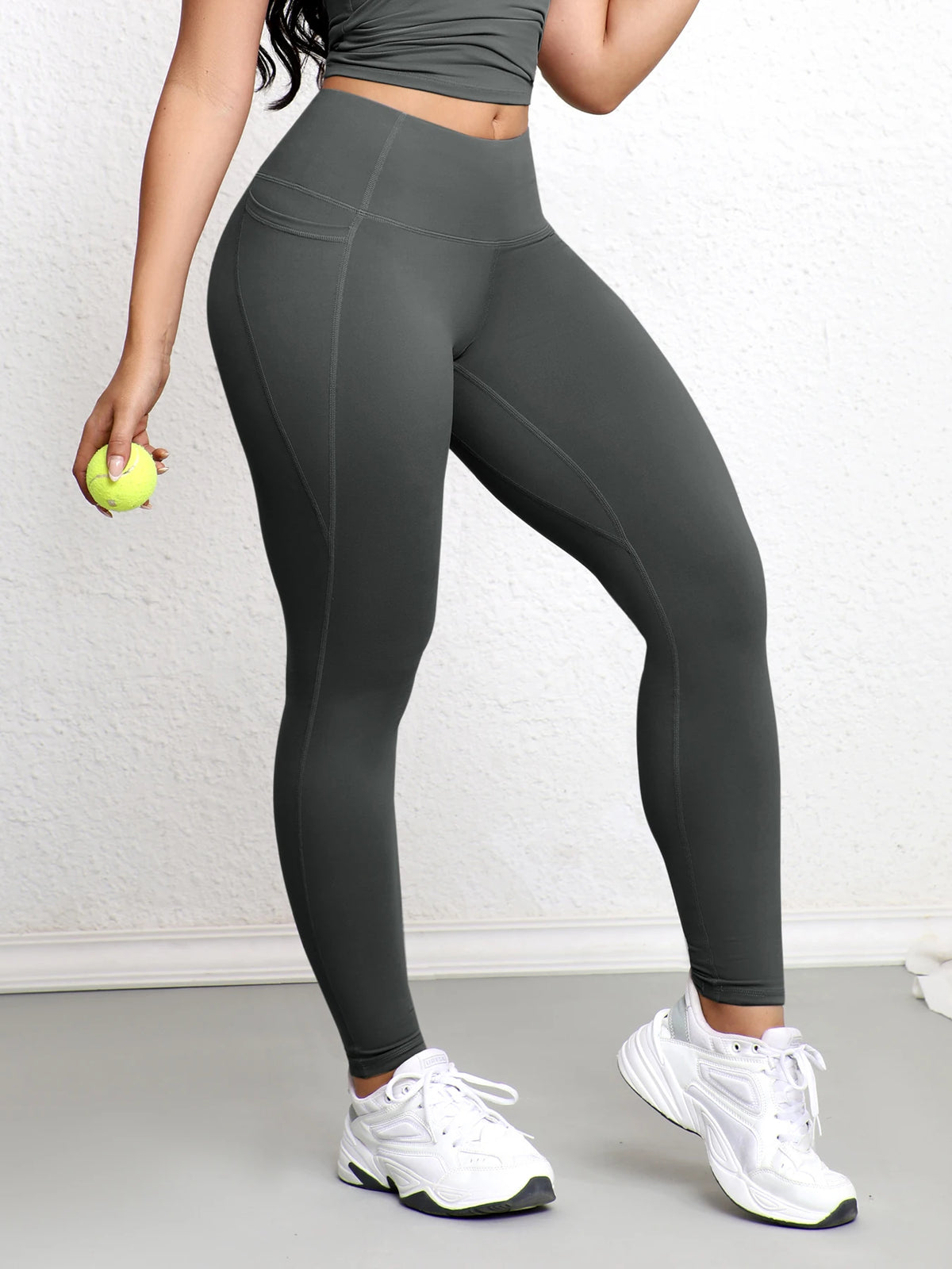 Women Leggings with Pockets Solid Color High Waist Butt Lifting Workout Tights Slim Elastic Pants Casual Wear