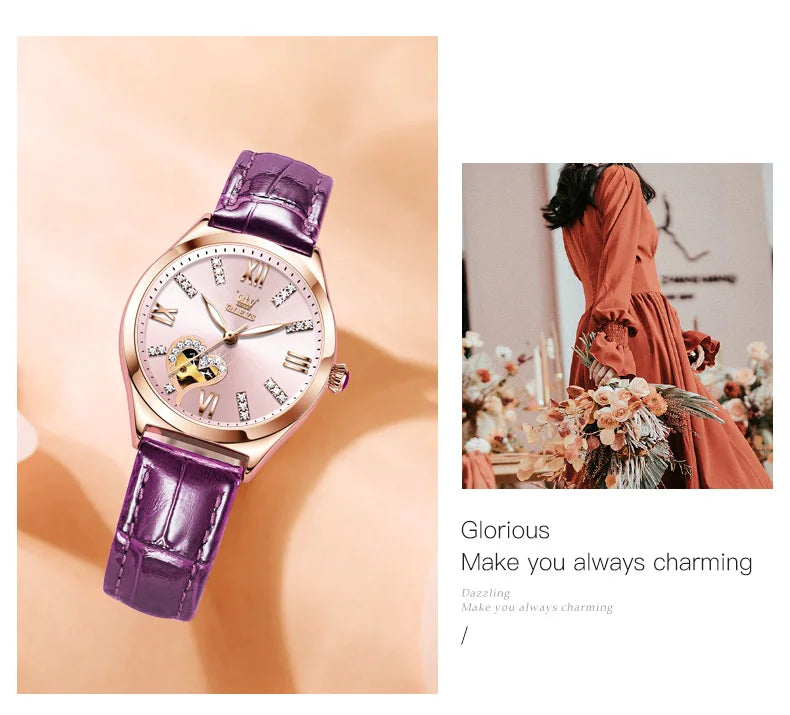 OLEVS 6636 Luxury Women Watch Fully Automatic Hollow Design Diamond Heart Shaped Watch Elegant Mechanical Women Bracelet Watch
