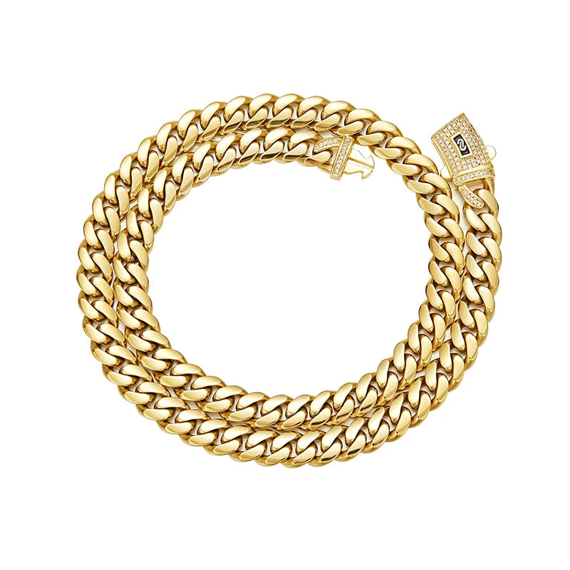 6-14mm Vacuum Plating Gold Color Stainless Steel Flat Cuban Miami Link Chains Necklaces for Men Hip Hop Rapper jewelry