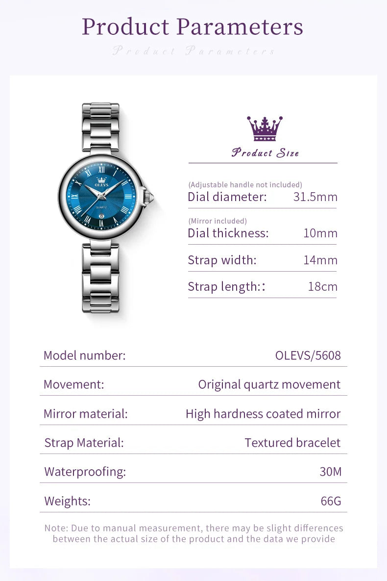 OLEVS 5608 Luxury Brand Women's Wristwatch Waterproof Stainless Steel Strap Luminous Date Quartz Watch for Ladies