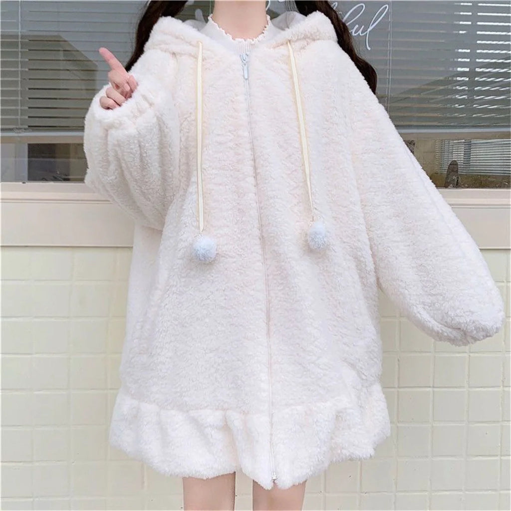 Winter Hoodies Warm Kawaii Rabbit Ears Women Sweatshirt Girl Lolita Hooded Zip-up Casual Sweatshirts Harajuku Hoodie Long Sleeve