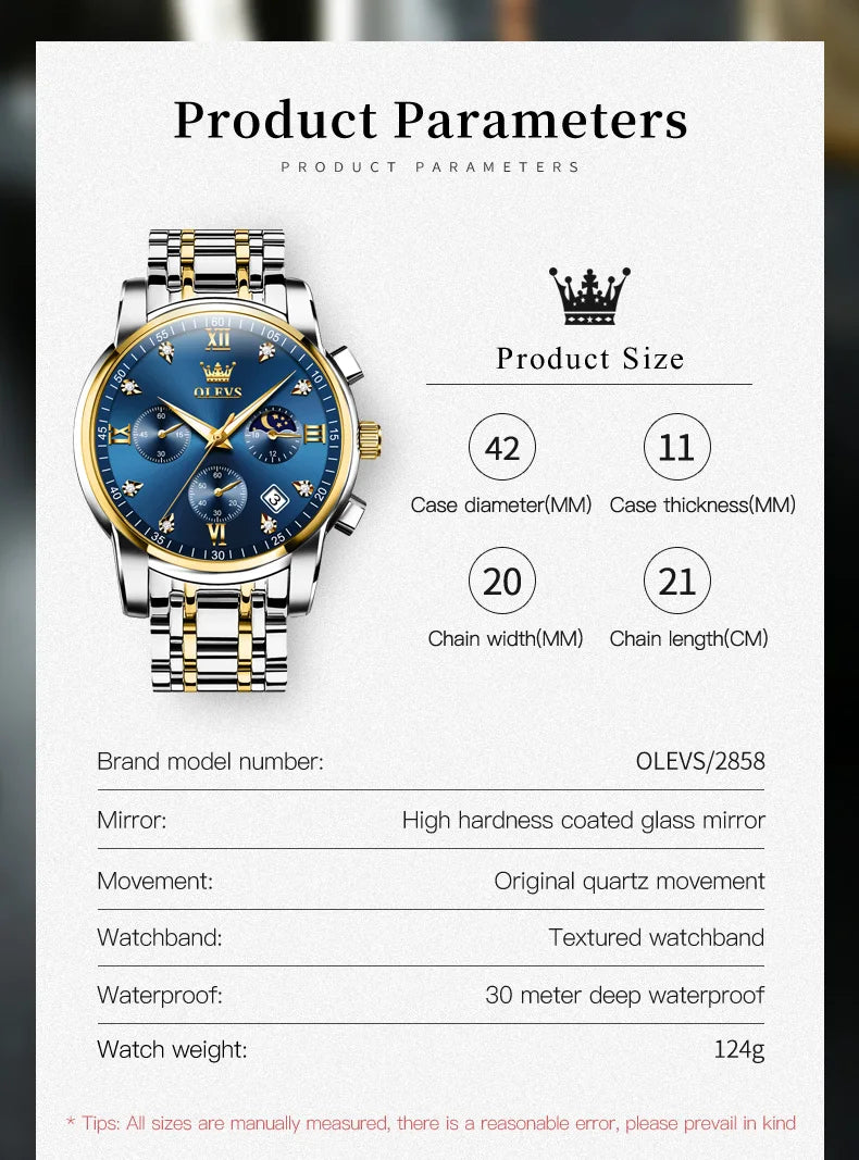 OLEVS 2858 Men's Watches Stainless Steel Waterproof Anti-Scratch Moon Phase Luminous Chronograph Luxury Quartz Men's Wristwatch