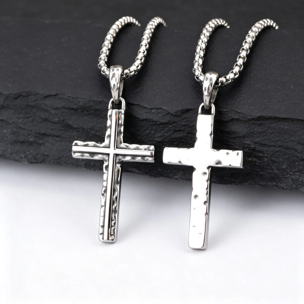 Hammer Pattern Cross Necklace for Men,Retro Grey Stainless Steel Cross Pendant Necklace, Stylish Jewelry Gift for Him Dad