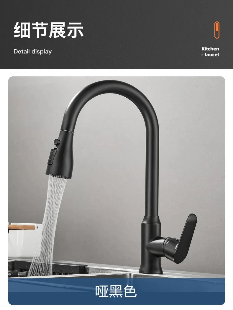 Kitchen Faucet Pull-Out Spray Head 360 Degree Rotation Hot and Cold Water Pull-Out Black and Silver Single Hole Kitchen Faucet