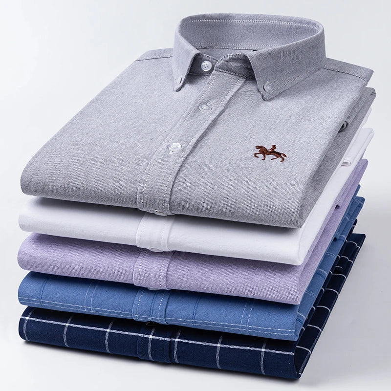 100% Cotton Men's Oxford Shirt Long Sleeve Embroidery Horse Logo Casual Solid Business Regular-Fit Formal Social Blouse Plus 6XL