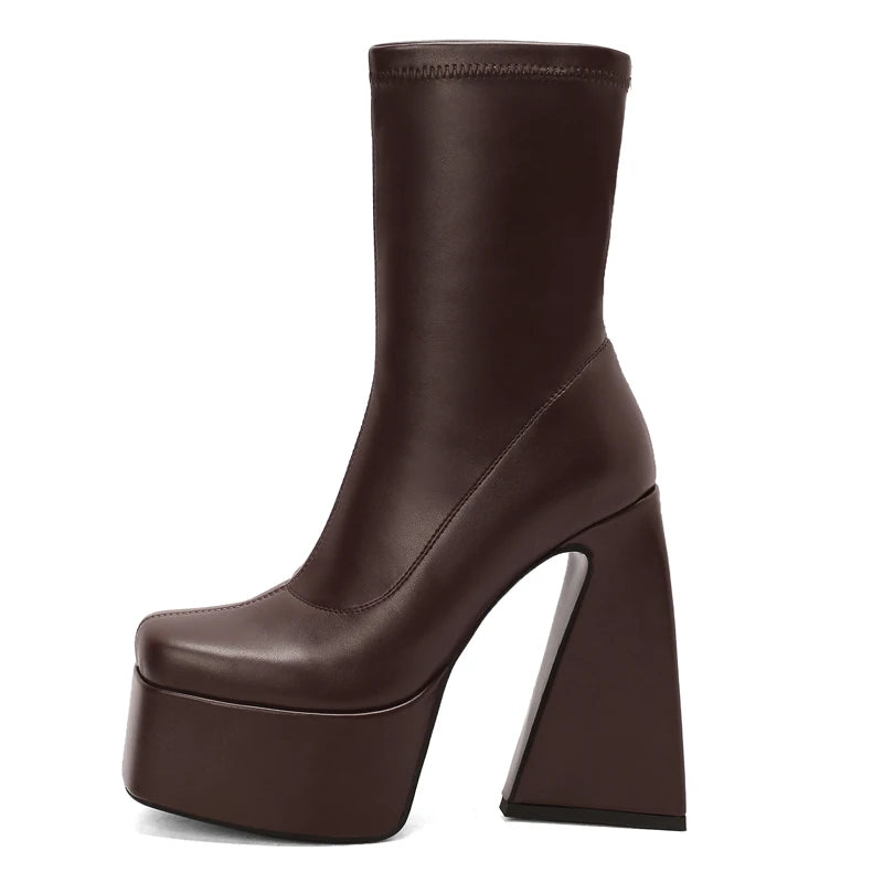 Stretch Punk Style Gothic Chunky Platform Ankle Boots For Women Autumn Winter Shoes Ladies Strange High Heels Boots Booties