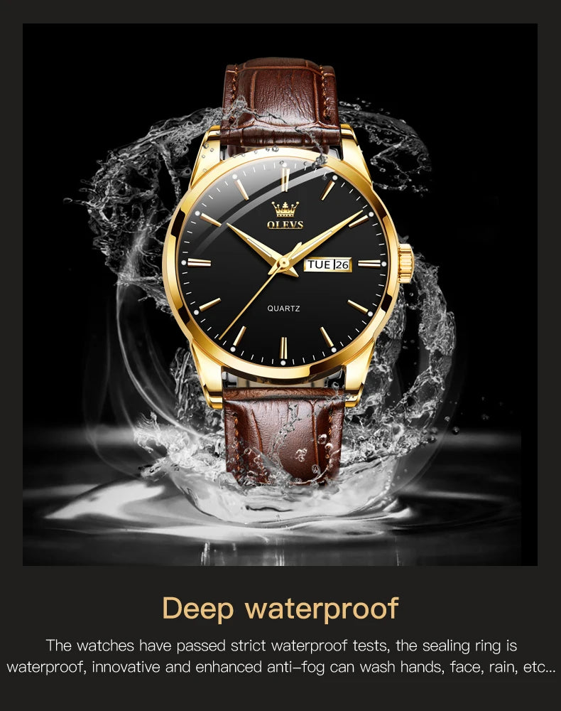 OLVES 6898 Top Brand Men's Watches Original Simple Quartz Wristwatch for Man Waterproof Leather Strap Business Watch Casual