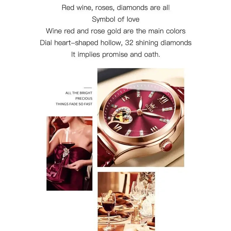 OLEVS 6636 Luxury Women Watch Fully Automatic Hollow Design Diamond Heart Shaped Watch Elegant Mechanical Women Bracelet Watch