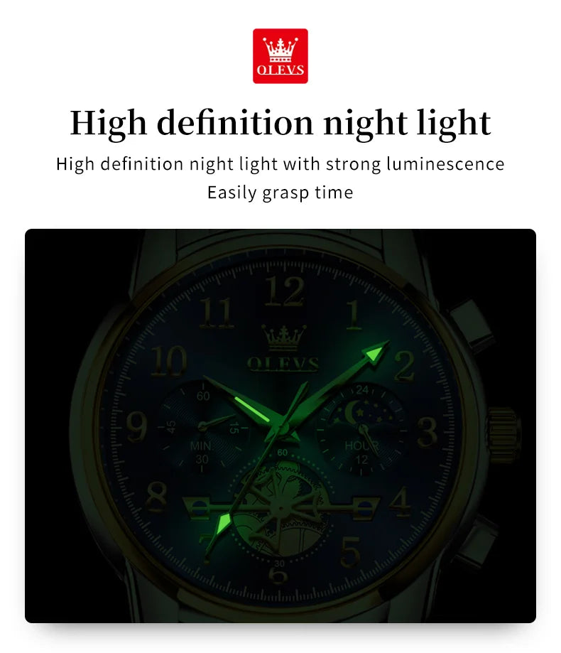 OLEVS Brand 2025 New Luxury Tourbillon Couple Quartz Watch Stainless Steel Waterproof Luminous Fashion Moon Phase Watches Lovers