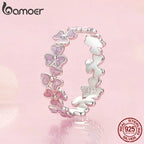 BAMOER 925 Sterling Silver Purple Flower Finger Ring Enamel Wreath Ring for Women Girls Birthday Gift Party Jewelry