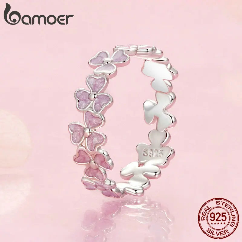 BAMOER 925 Sterling Silver Purple Flower Finger Ring Enamel Wreath Ring for Women Girls Birthday Gift Party Jewelry