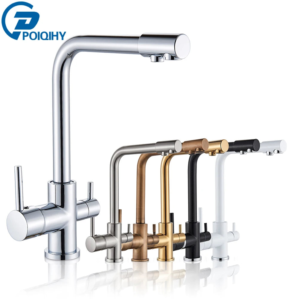 Chrome Purified Water Kitchen Faucet Pure Water Filter Deck Mounted Faucet Crane Dual Handles Hot Cold Water Mixer Taps
