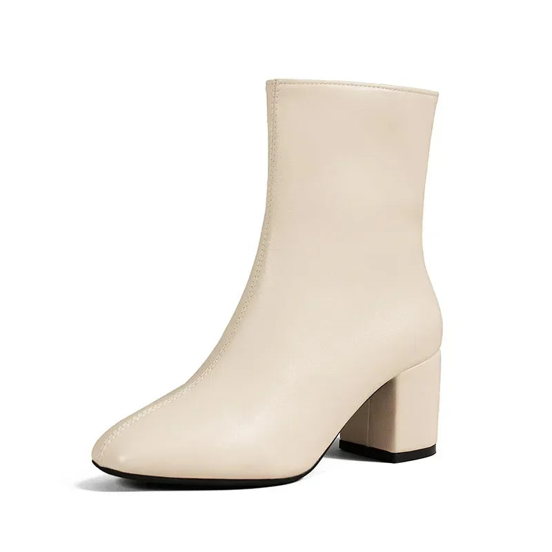 White Ankle Boots for Women 2024 Side Zipper Stretch Middle Heel Large Size Short Boot Fashion Pointed Shoes Botas De Mujer