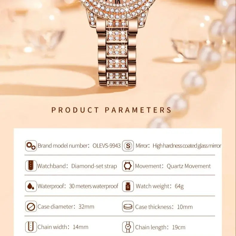 OLEVS 9943  Women's Quartz Watches Roman Dial  Diamond Bezel Luxury Elegant Waterproof Ladies Dress Wristwatch