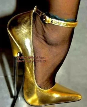 Sky High Metal Heels Red Metallic Leather Pumps Shoes Pointed Toe Ankle Strap Stiletto High Heels Wedding Party Pumps 16CM