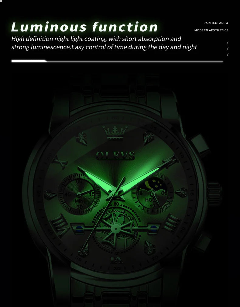 OLEVS Men's Watches Classic Multifunctional Flywheel Design Stainless steel Waterproof Moon Phase Men's Wristwatches 2024 Trend
