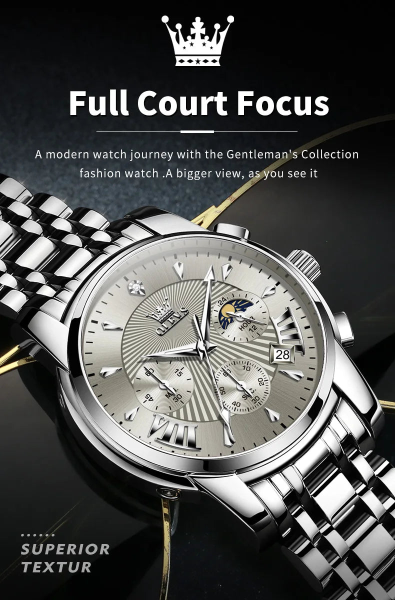 OLEVS 2892 Mens Watch Original Business Quartz Watch Moon Phase Multifunctional Chronograph Watches For Men With Box Reloj New