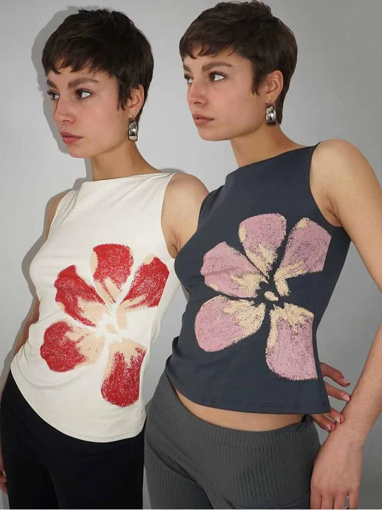 Women's Flower Print Crop Tank Top Fitted Boat Neck Sleeveless Summer Top for Party Club 2025 New Fashion