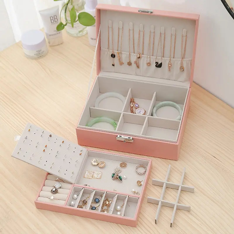 1pcs Double Layer Storage Box For Men And Women Large Capacity Leather Jewelry Box Hardware Latch Travel Portable Flip Lid Palm