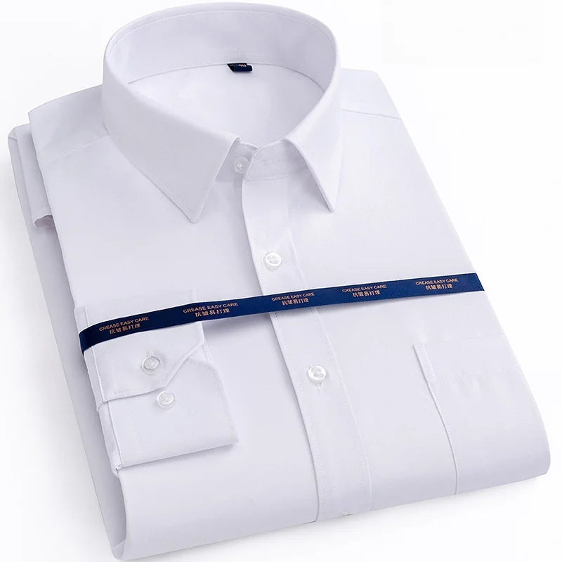New Men Formal Shirt Long Sleeve Office Solid Color Anti-Wrinkle Fashion Business Pocket White Social Pocket Shirts 5XL 6XL 7XL