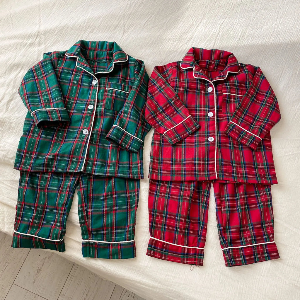 Merry Christmas Kids Pure Cotton Pajamas Set Plaid Print Turn-down Collar Button Shirt Trousers 2 Pieces Suit Homewear Xmas Look