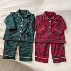 Merry Christmas Kids Pure Cotton Pajamas Set Plaid Print Turn-down Collar Button Shirt Trousers 2 Pieces Suit Homewear Xmas Look