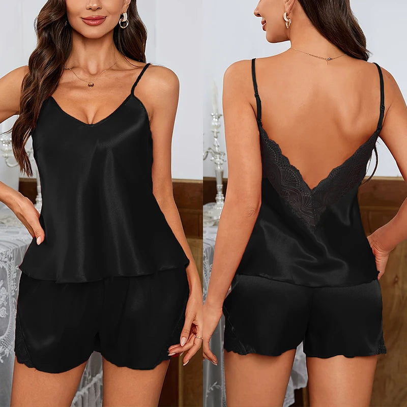 Sexy Pajama Sets Backless Deep V Lace Luxury Sleepwear Soft Satin Pajamas Set for Women Comfortable Short Sleeve Cami Shorts