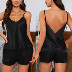 Sexy Pajama Sets Backless Deep V Lace Luxury Sleepwear Soft Satin Pajamas Set for Women Comfortable Short Sleeve Cami Shorts