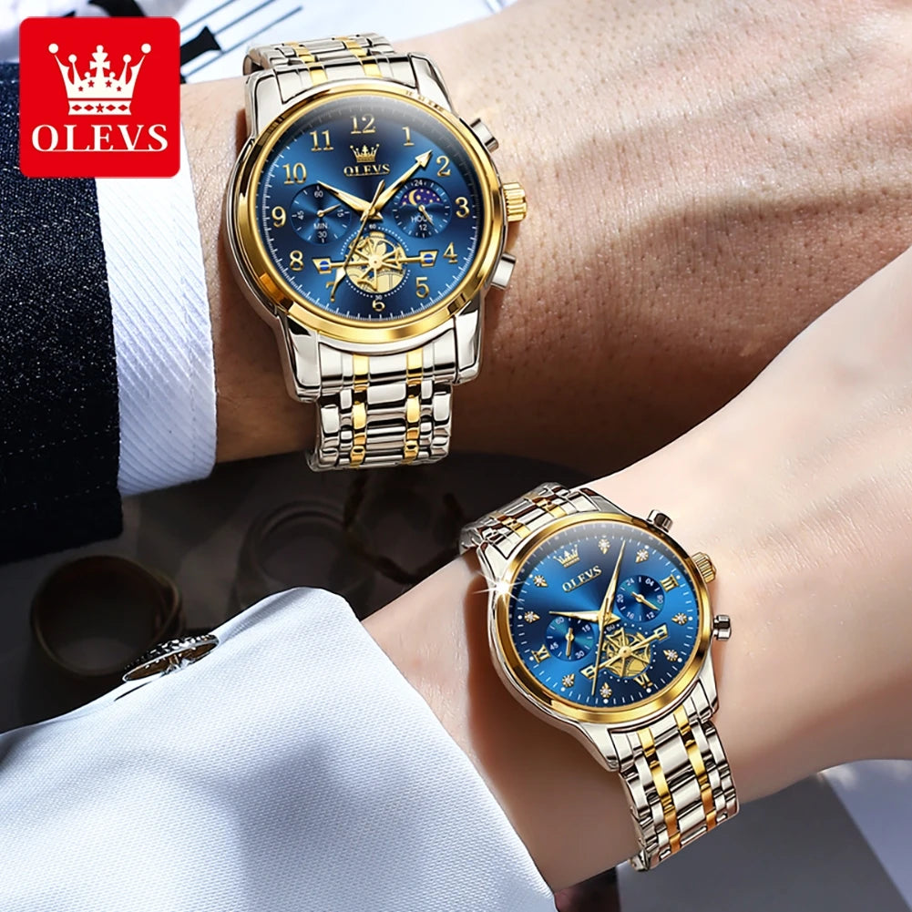 OLEVS Brand 2025 New Luxury Tourbillon Couple Quartz Watch Stainless Steel Waterproof Luminous Fashion Moon Phase Watches Lovers