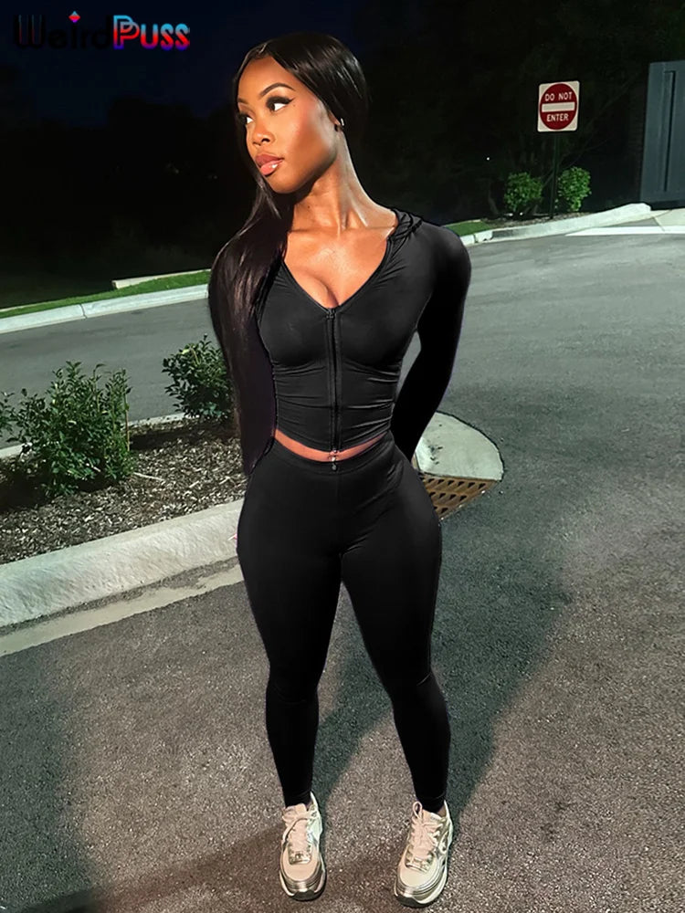 Weird Puss Sporty Casual 2 Piece Set Women Tracksuit Hooded Zip Crop Tops+Leggings Fitness Soft Stretch Streetwear Activity Suit