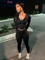 Weird Puss Sporty Casual 2 Piece Set Women Tracksuit Hooded Zip Crop Tops+Leggings Fitness Soft Stretch Streetwear Activity Suit