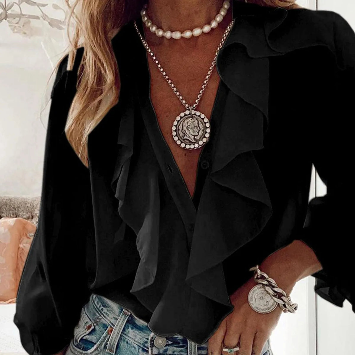 Summer Elegant Blouses For Women 2025 Womens Ruffle Shirt V Neck Loose Commuting Long Sleeve Blusas Mujer Elegantes Y Juveniles