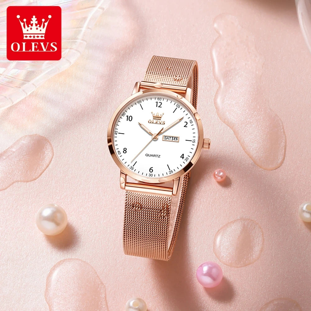 OLEVS Brand Original Fashion Slim Quartz Watch Women Elegant Watches Stainless Steel Waterproof Week Date Watches For Woman